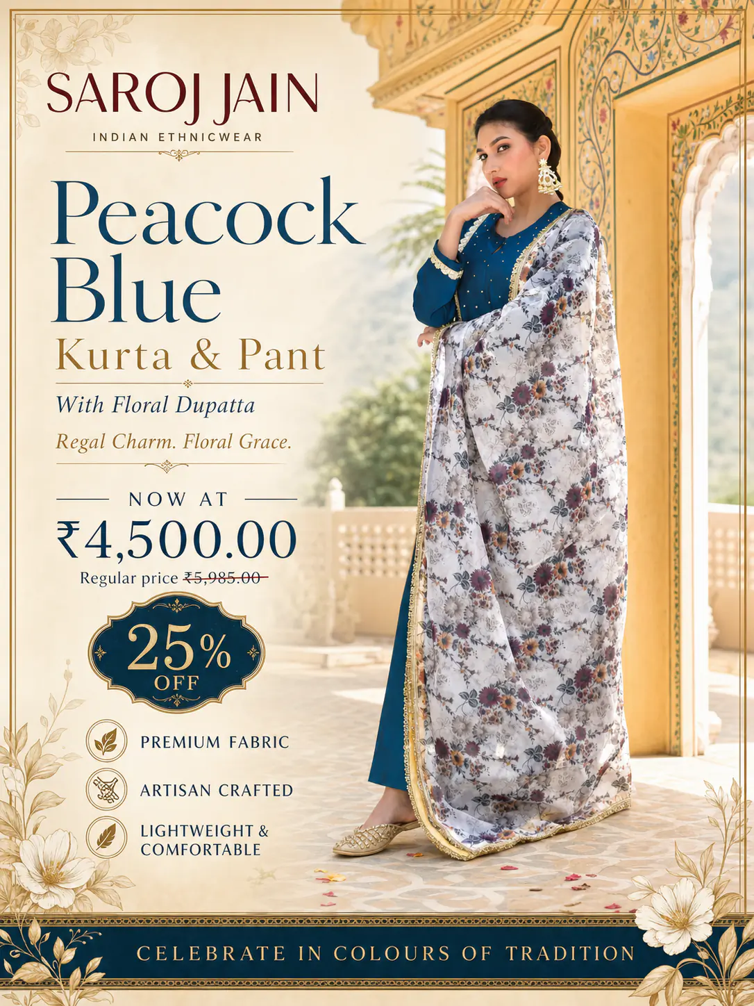 Peacock Blue Kurta & Pant With Floral Dupatta